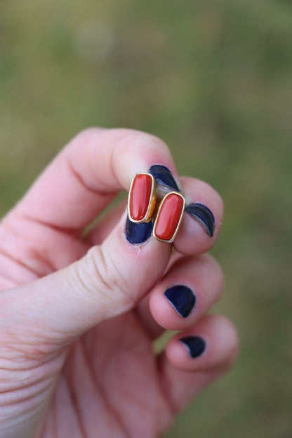 Stud Earrings - Coral + Gold #1