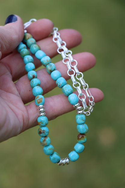 Beaded Necklace (Turquoise +Silver)