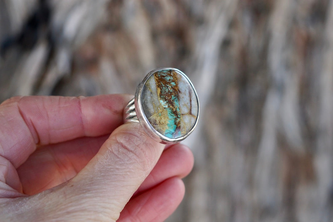 Sterling Silver & Royston Ribbon Turquoise Ring (Size 8)