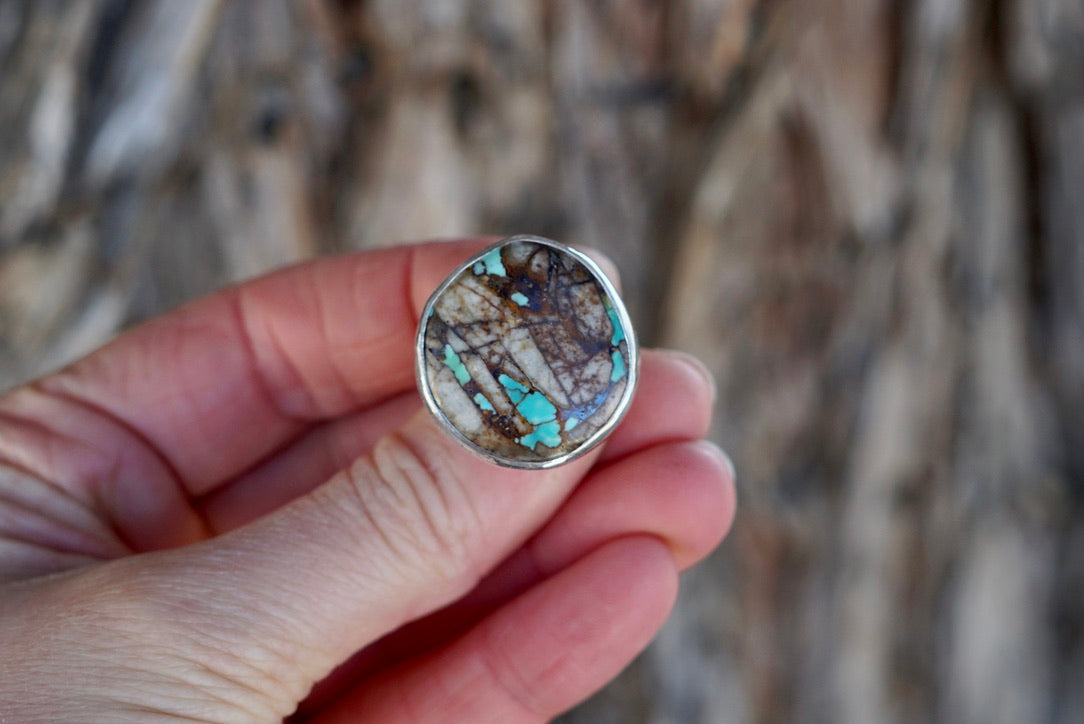 Sterling Silver & Royston Ribbon Turquoise Ring (Size 6.5)