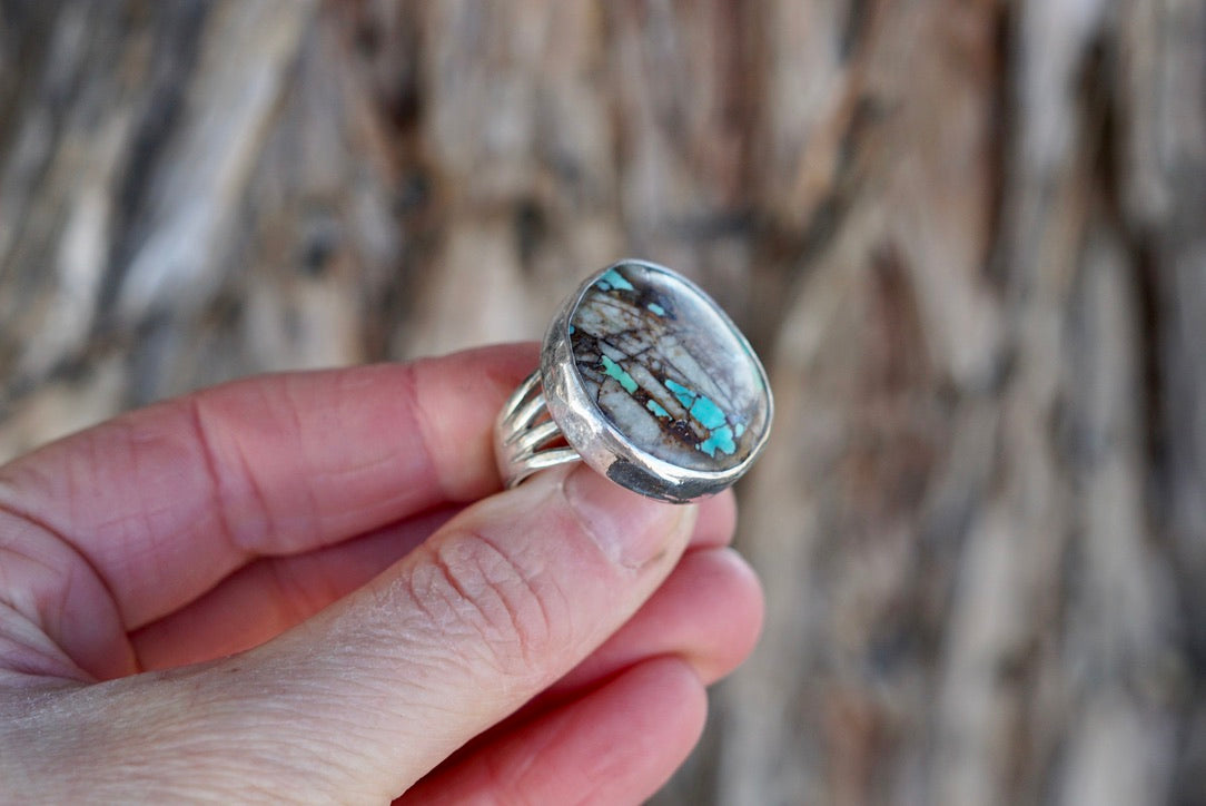Sterling Silver & Royston Ribbon Turquoise Ring (Size 6.5)